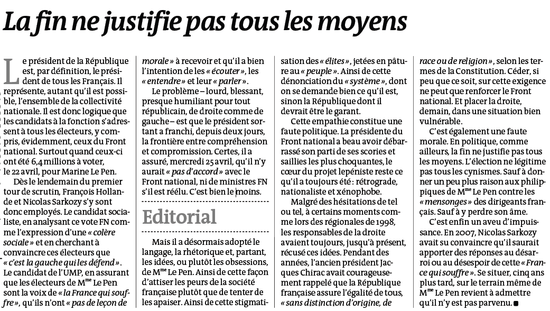 Le Monde 250421012 Editorial La fin ne justifie pas tous les moyens (Sarkozy et le FN)