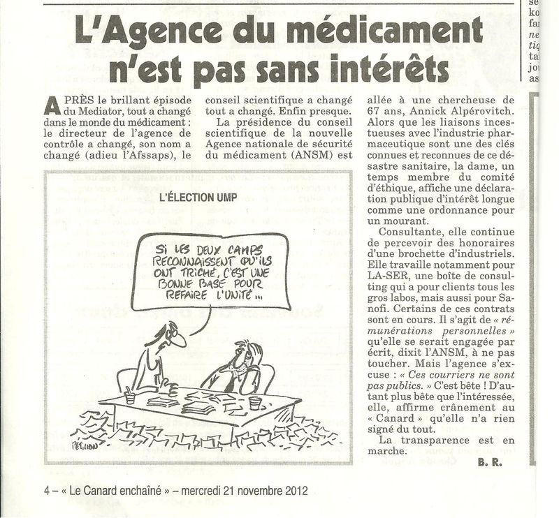 L'Agence du medicament ANSM n'est pas sans interets Alperovitch Canard Enchaine 21112012